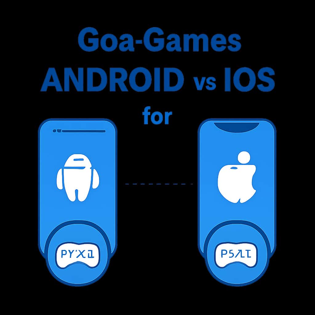 An educational diagram illustrating the differences in app installation between Android and iOS for Goa Games.